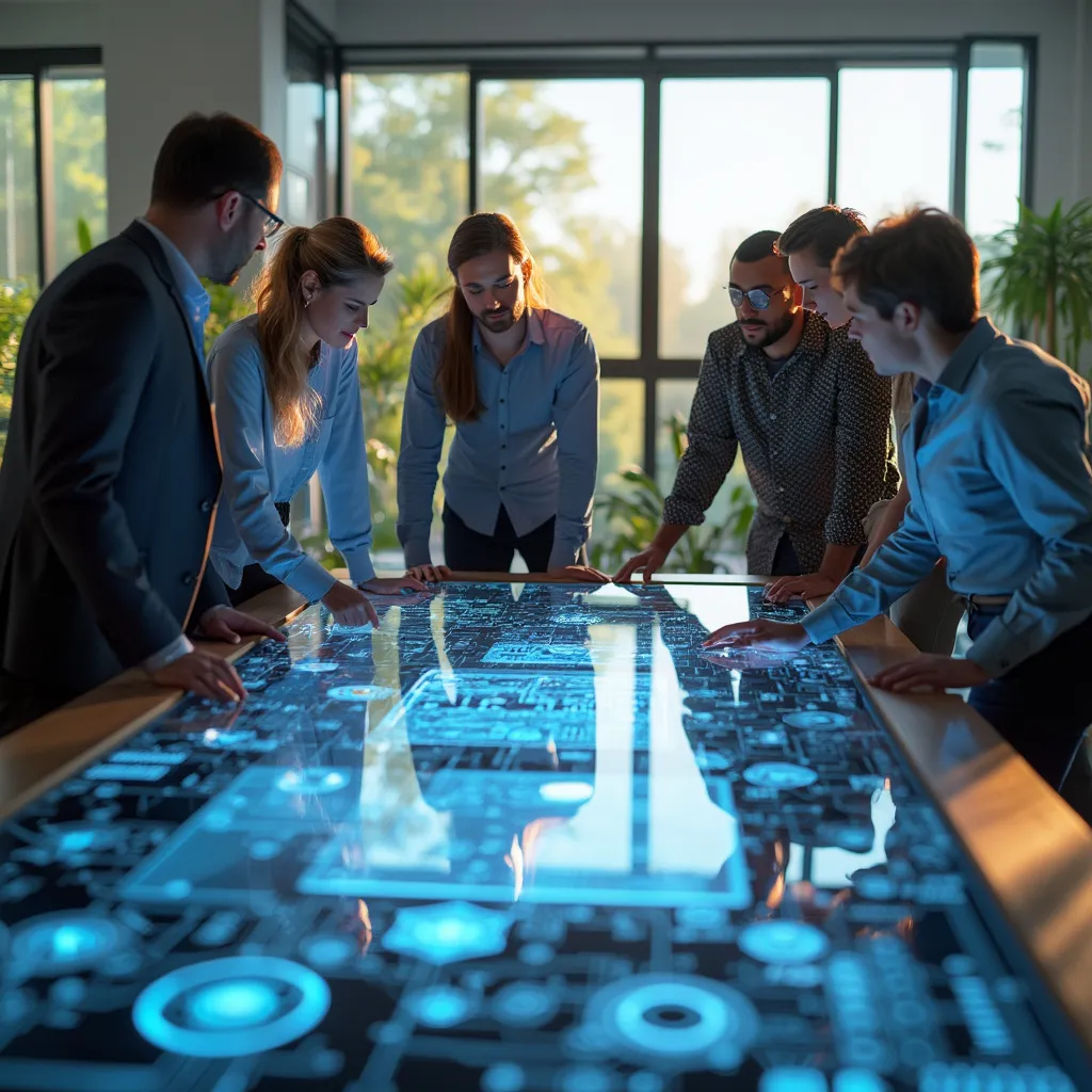 Equipo diverso colaborando en una sesión de estrategia con tecnología futurista