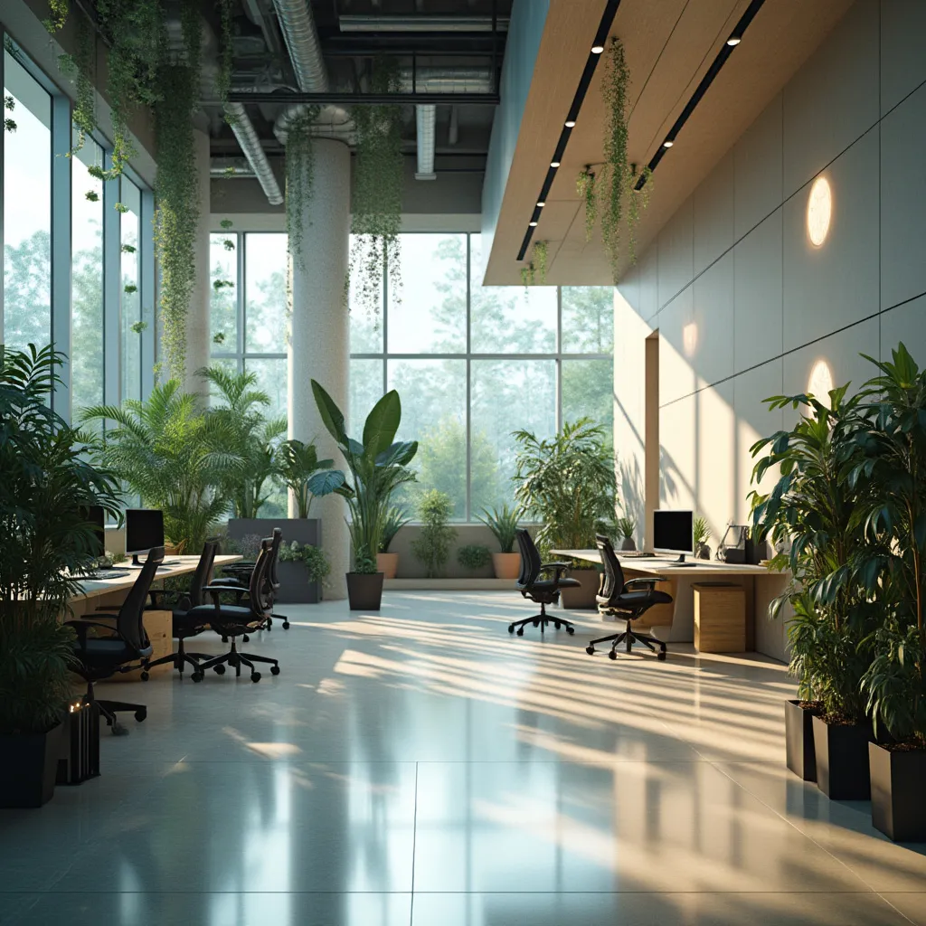 Espacio de trabajo moderno y minimalista con elementos de diseño futurista y luz natural
