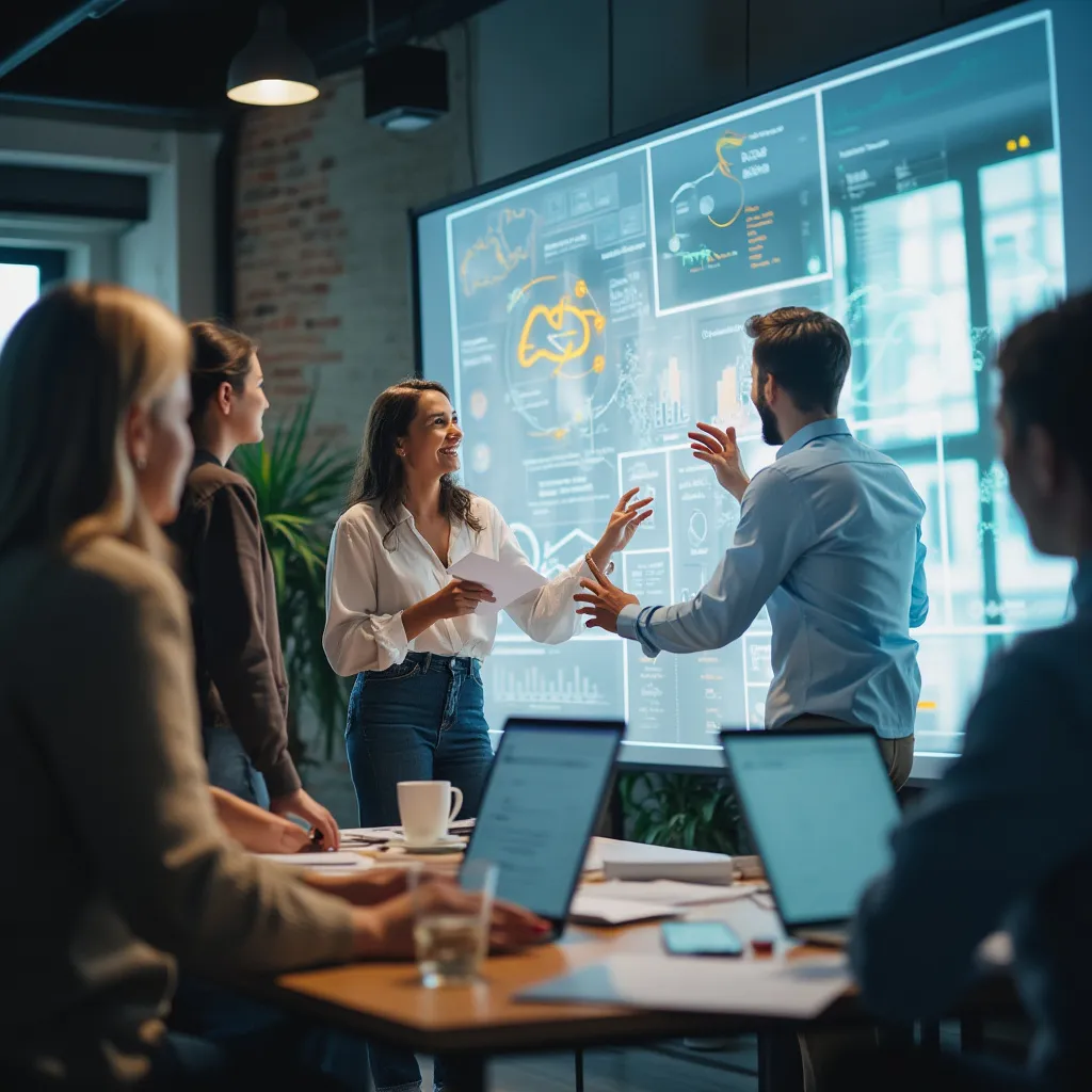 Miembros del equipo participando activamente en un taller de innovación utilizando herramientas digitales interactivas