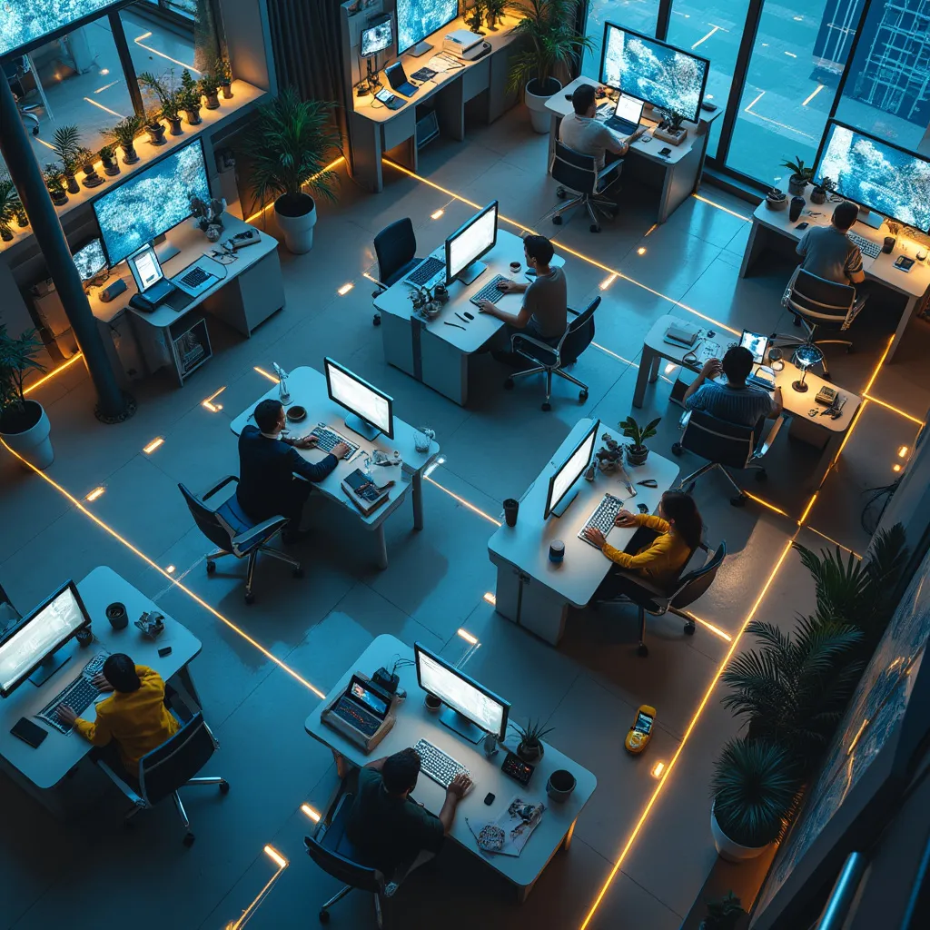 Vista aérea de un espacio de co-working futurista con múltiples equipos trabajando en proyectos