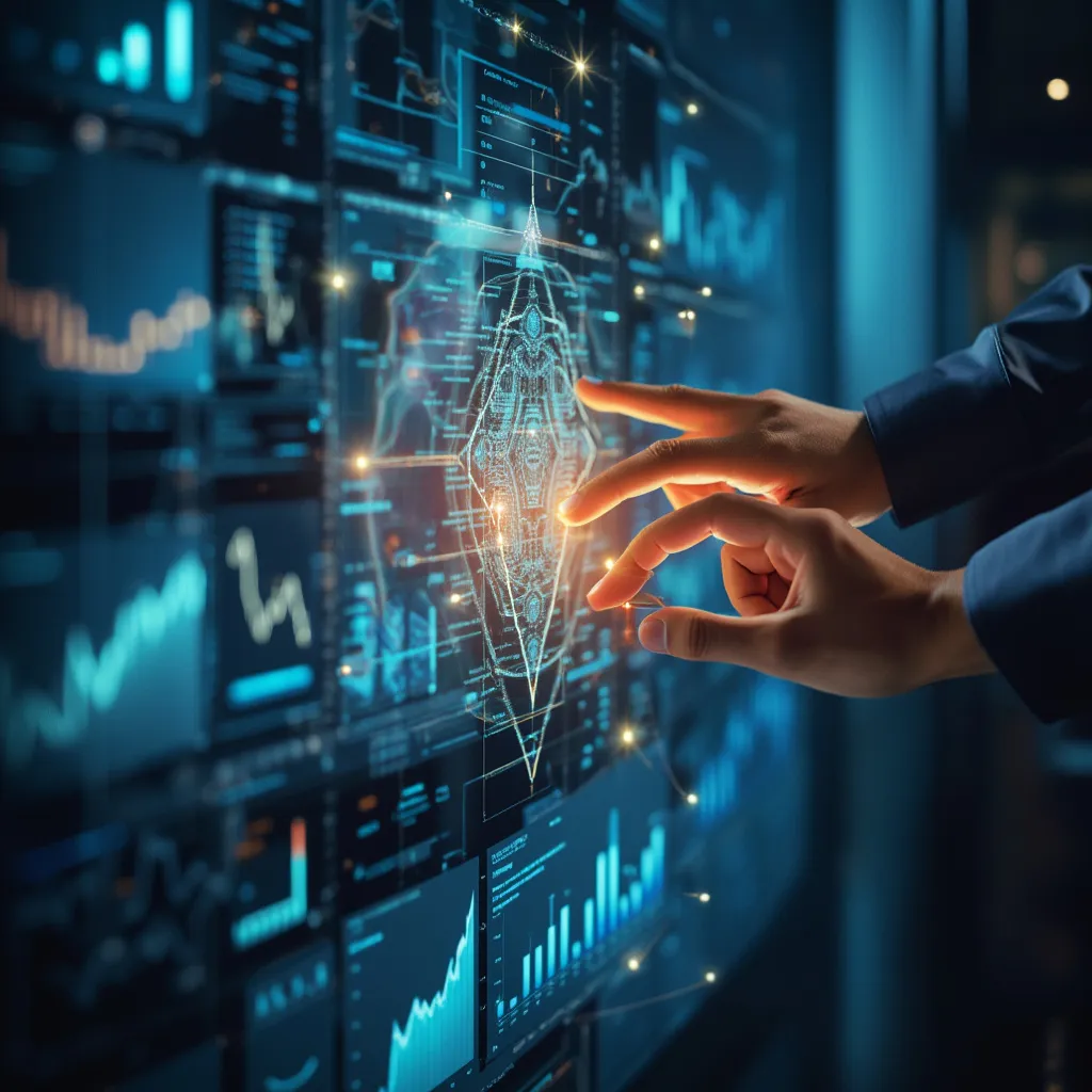 Primer plano de manos interactuando con una interfaz de datos holográfica y compleja